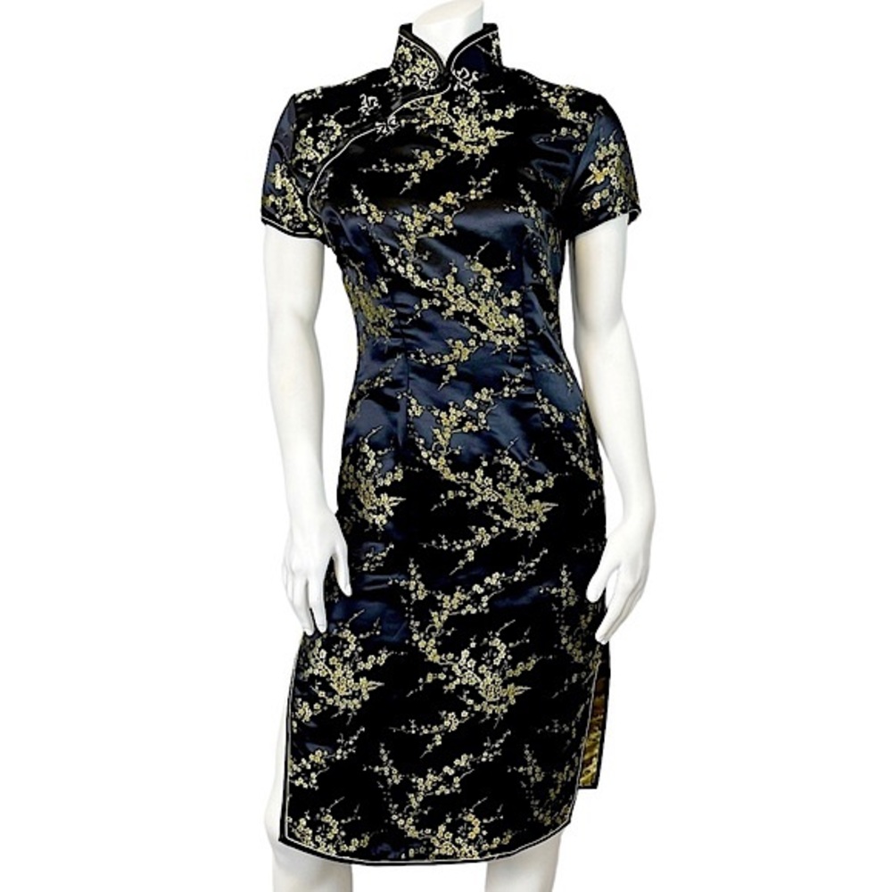 VINTAGE WHITBY Black Silk Satin Metallic Gold Cherry Blossom Slit Mini Dress